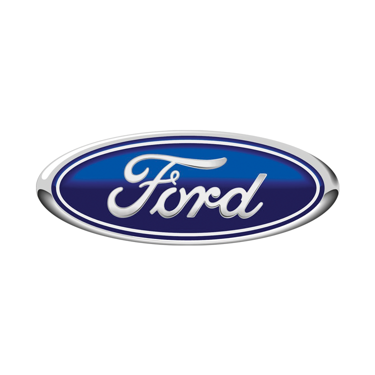 A blue and silver ford logo on a white background