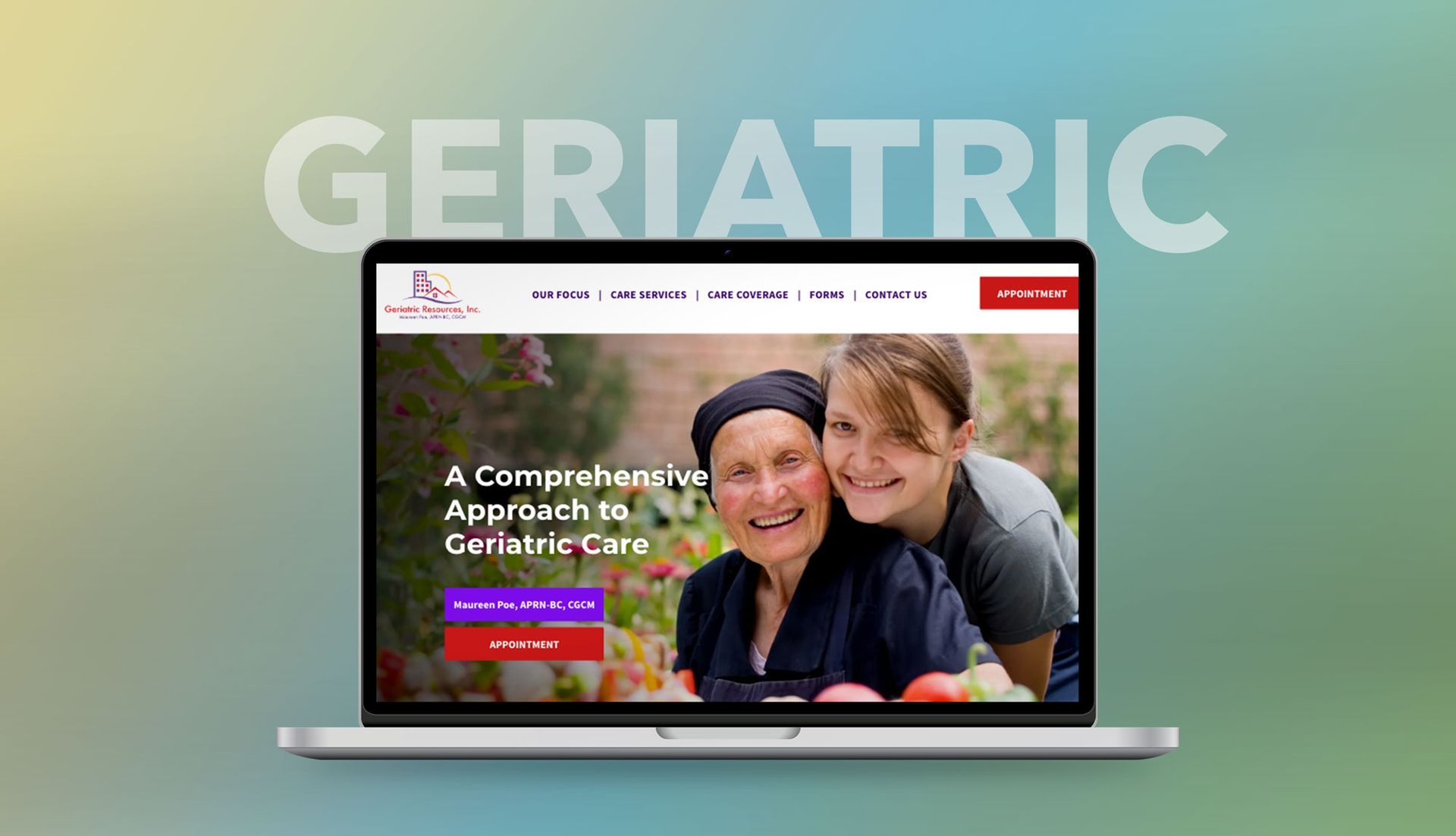 A laptop computer is open to a website for geriatric care.