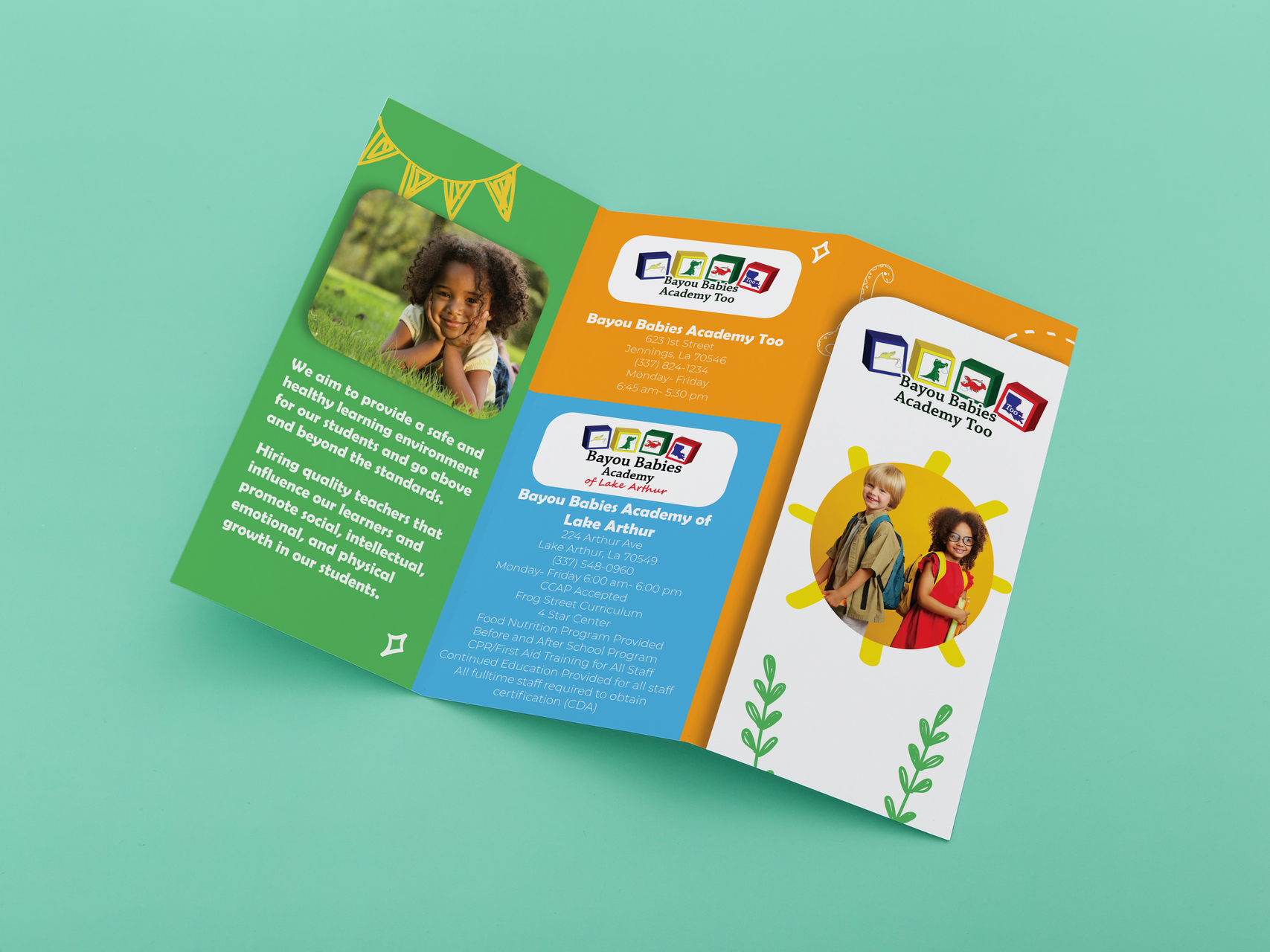 A colorful brochure is sitting on a green table.