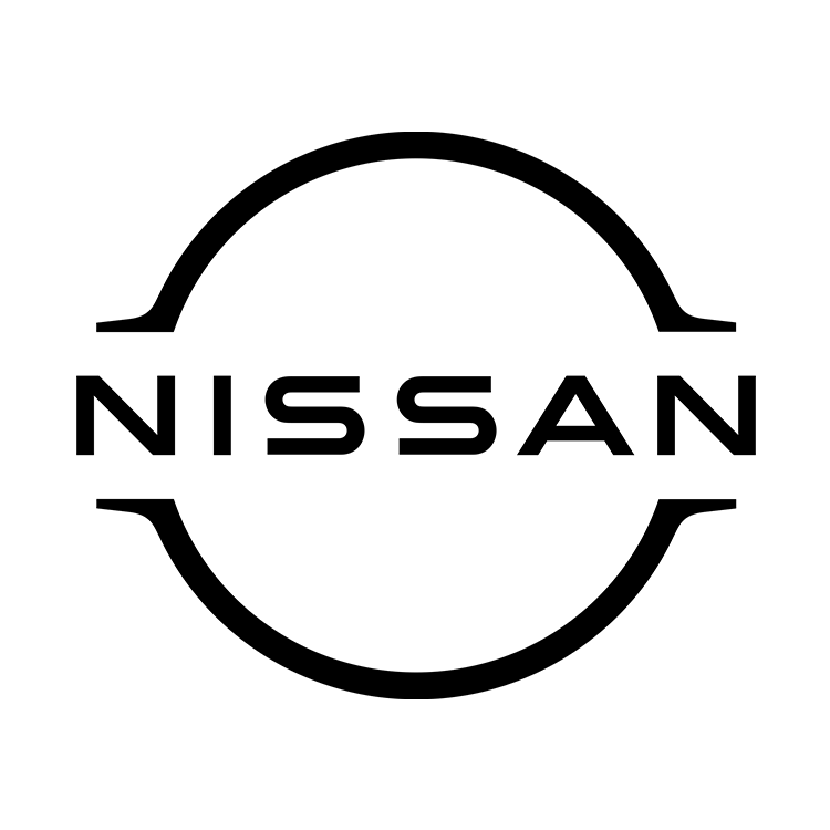 A black and white nissan logo on a white background.