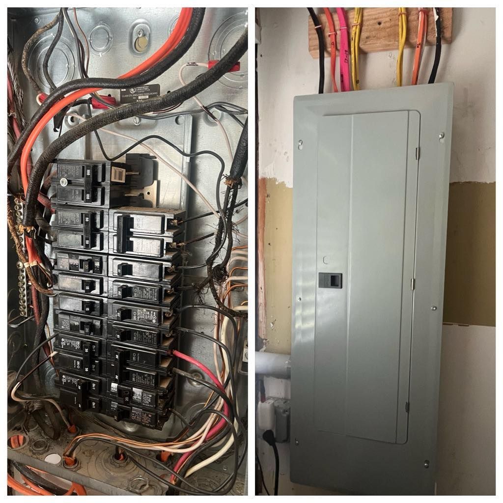 Electric panel, open to reveal wiring and breakers, next to its closed, gray door. Wires of various colors run above.