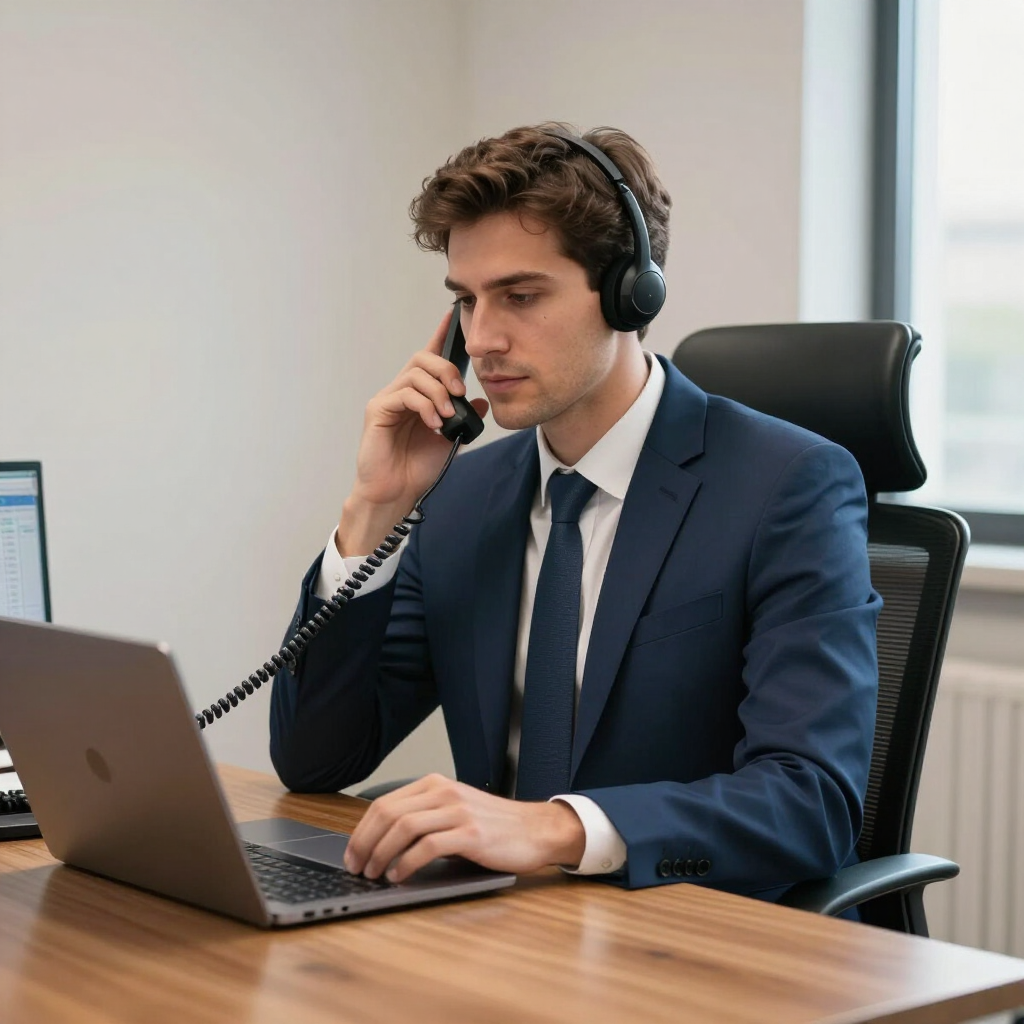Een zakenman in een blauw pak die op een bureautelefoon met een laptop in gesprek is op kantoor.