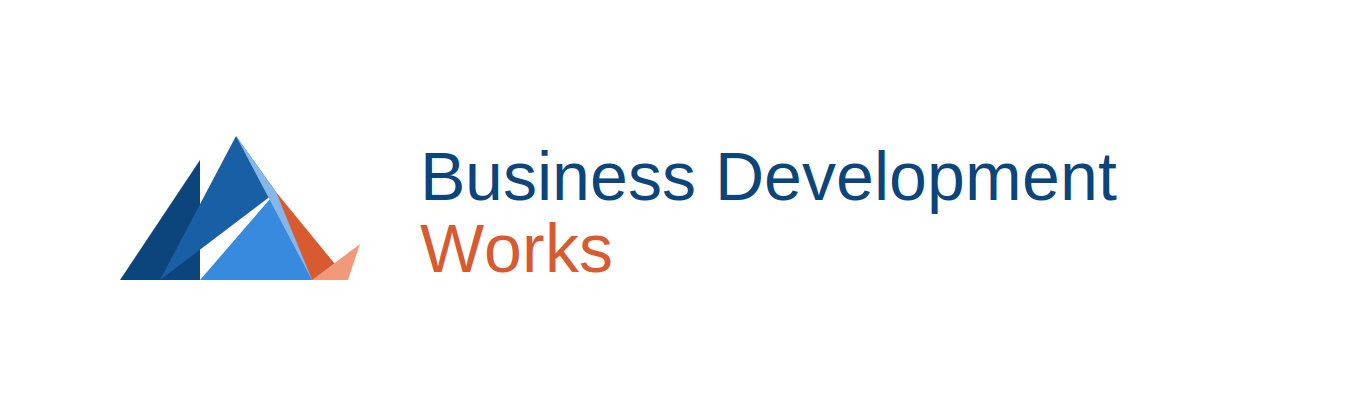 Het logo van Business Development Works met een blauw en oranje driehoekig icoon.
