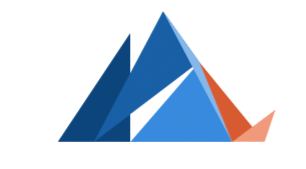 Abstract blauw en oranje geometrisch berglogo met een witte diagonale uitsparing.