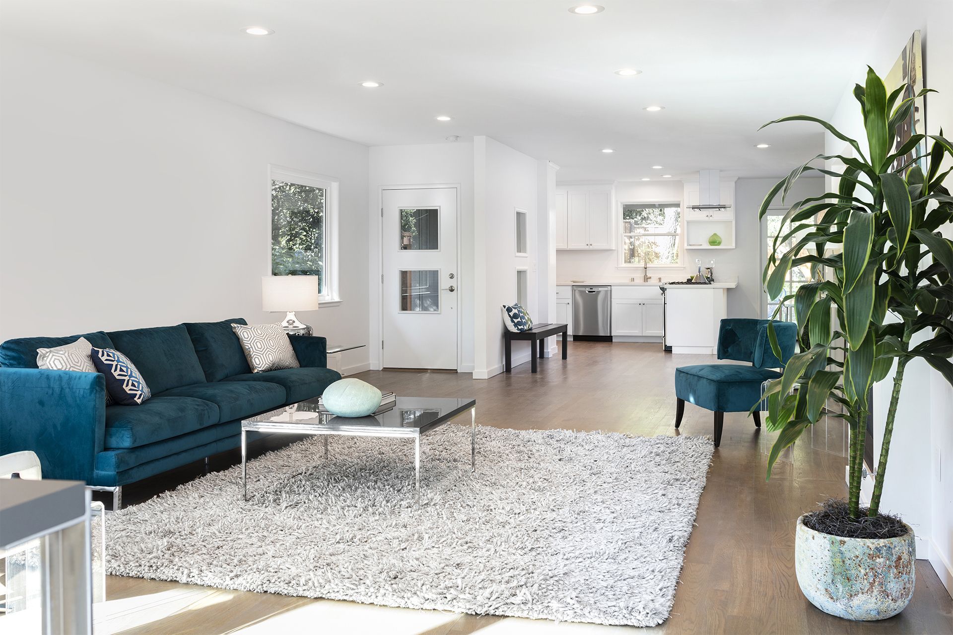 Bright living room with teal sofa, rug, and potted plant, leading to kitchen and front door.
