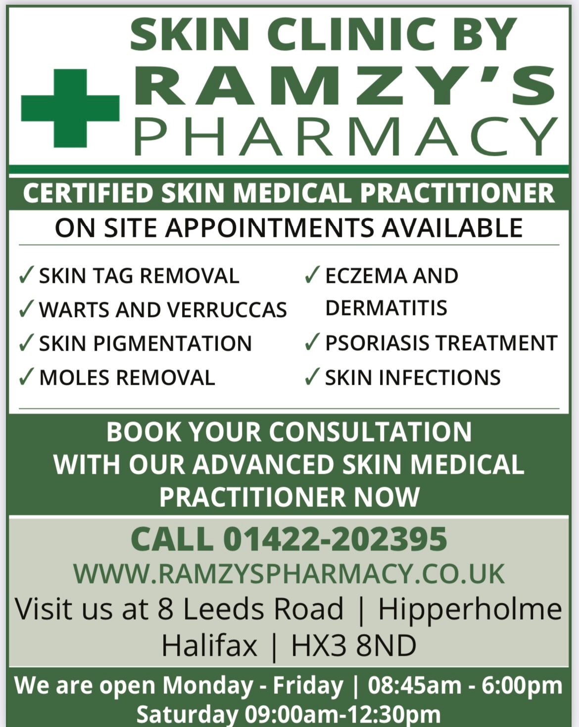 Promotional poster for Ramzy's Pharmacy Skin Clinic listing services such as skin tag removal, warts and verrucas treatment, eczema care, and psoriasis treatment.