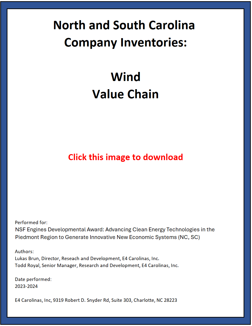 Cover page titled “North and South Carolina Company Inventories: Wind Value Chain” with a download link