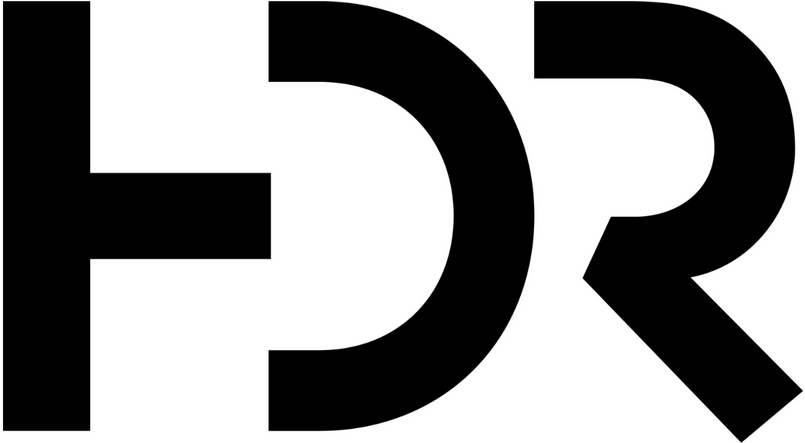 Black stylized letters “HDR” logo on a white background