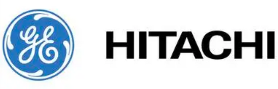GE logo in blue circle beside black HITACHI text on white background