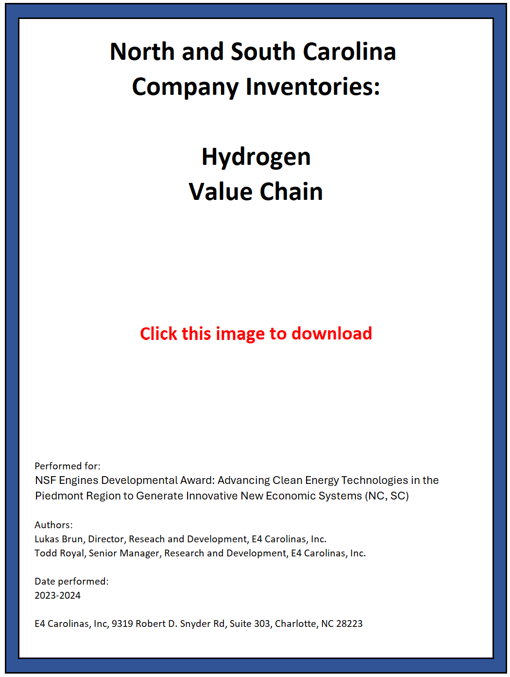 Cover page titled “North and South Carolina Company Inventories: Hydrogen Value Chain” with download prompt.