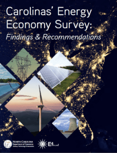 Cover for “Carolinas’ Energy Economy Survey: Findings & Recommendations” with night lights, solar panels, and wind turbines.