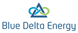 Blue Delta Energy logo with blue and green triangular icon and company name in blue text