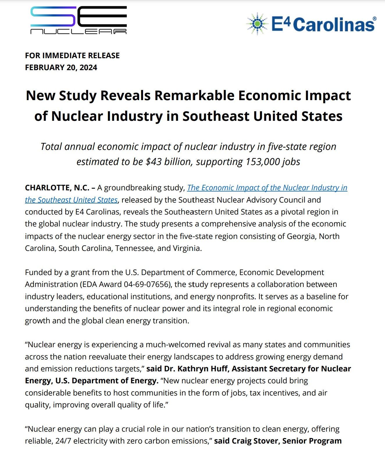 E4Carolinas press release on nuclear industry’s economic impact in the southeast United States.