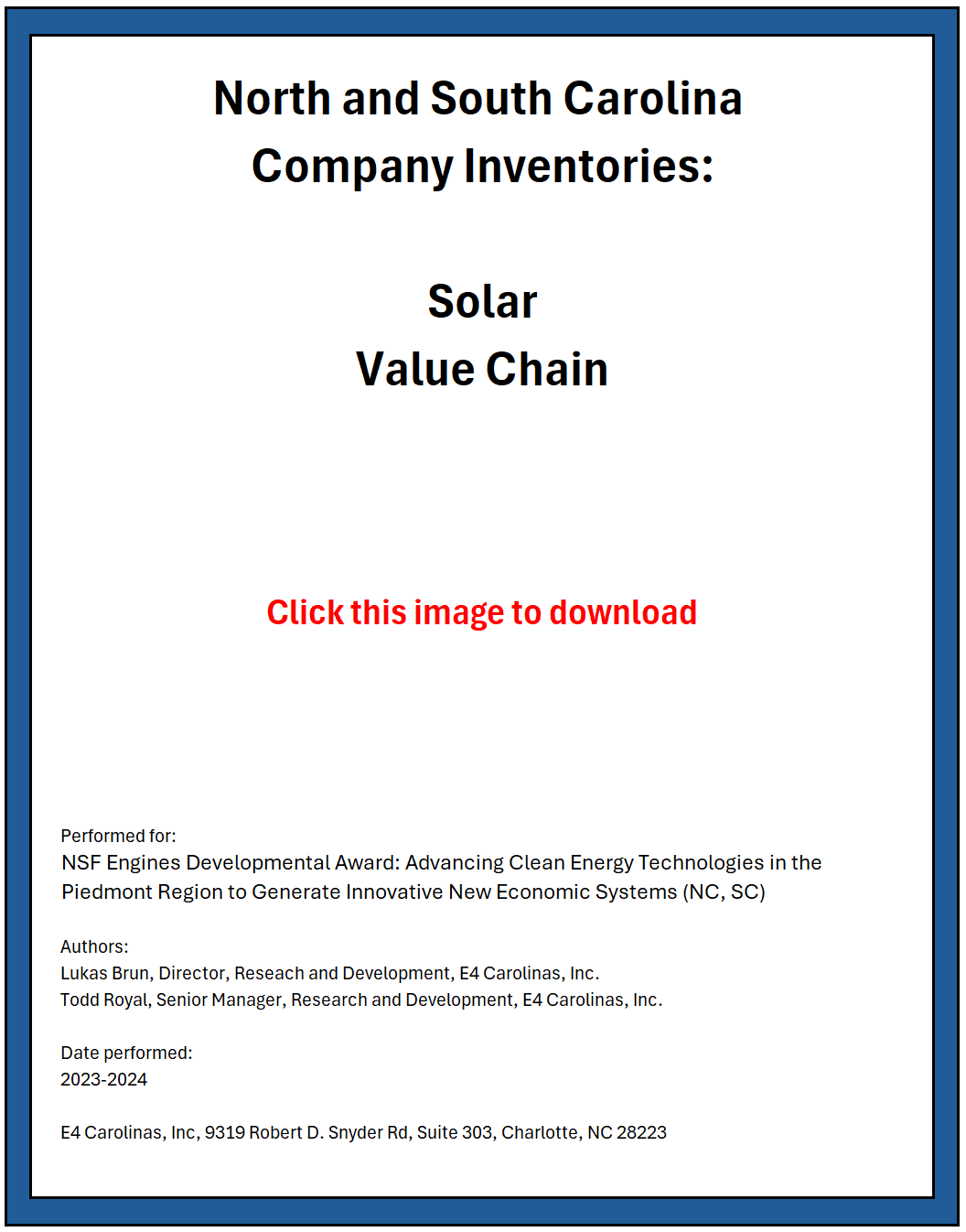 Cover page for “North and South Carolina Company Inventories: Solar Value Chain” with a download link text.