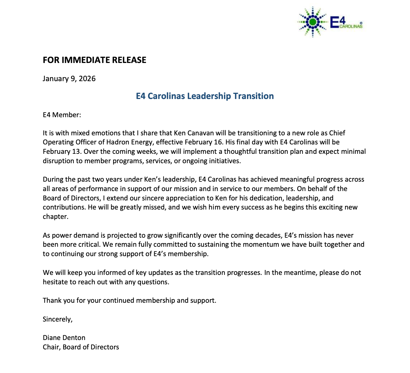 Press release announcing E4 Colorado Leadership Transition, with E4 logo at top right