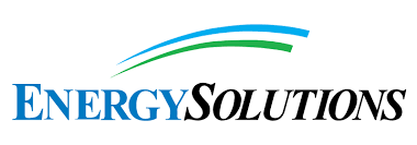 EnergySolutions logo in blue and black with green and blue swoosh above text