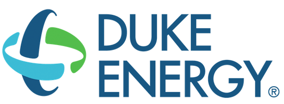 Duke Energy logo in blue and green with stylized circular icon on white background