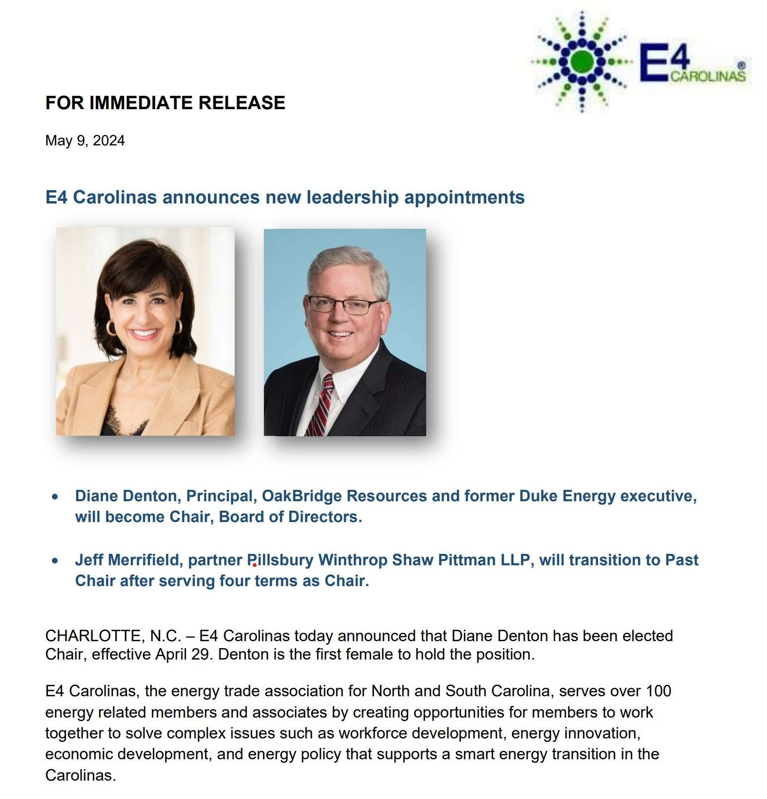 E4 Carolinas press release announcing new leadership appointments with two headshots and logo