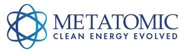 Metatomic logo with blue atom icon and “CLEAN ENERGY EVOLVED” tagline