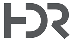 Gray “HDR” letters logo on a white background