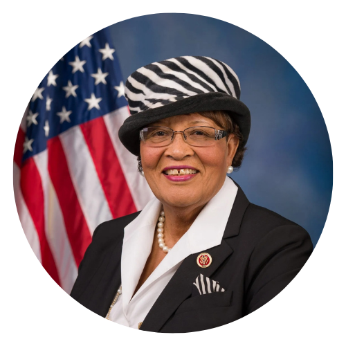 Portrait of a smiling woman in a zebra-print hat beside an American flag