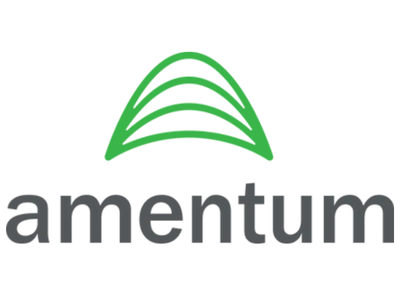 Amentum logo with green arc design above gray text