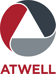 ATWELL logo with red, dark gray, and light gray circular geometric design
