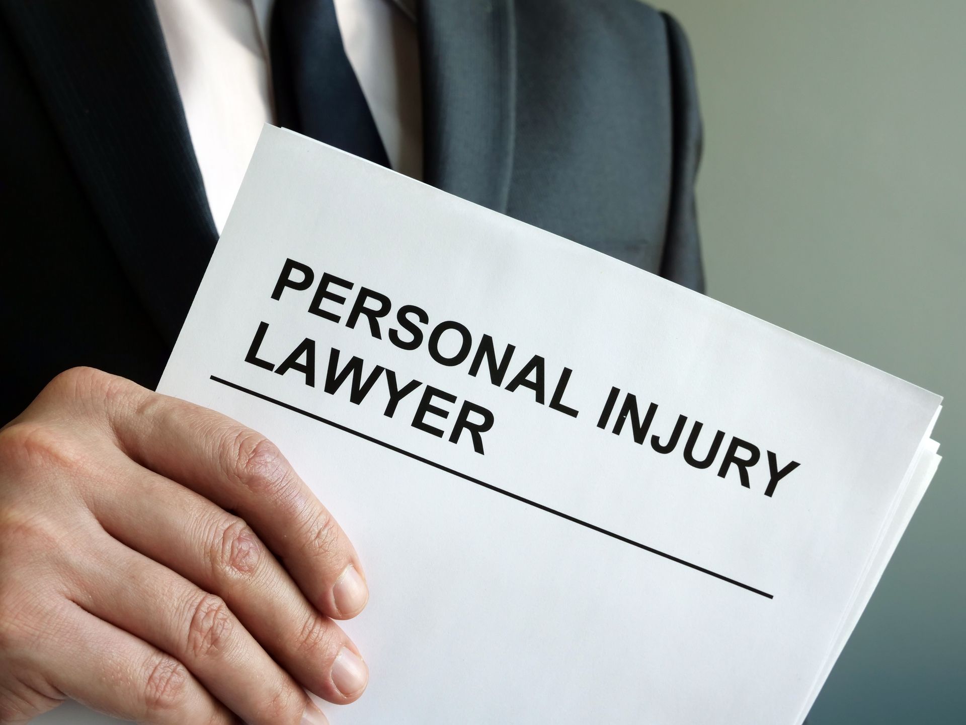 Attorney holding a document labeled personal injury lawyer.