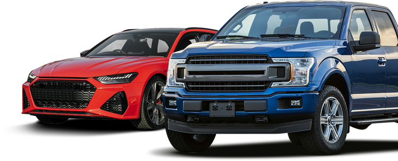 A red sports car and a blue pickup truck side-by-side, isolated on white | Gilroy Car Care