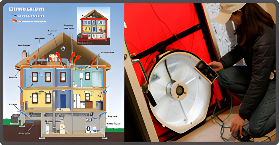 A drawing of a house next to a picture of a person working on a machine