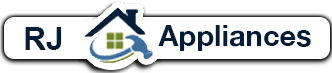 RJ Appliances logo with blue, black, and green text and a house icon around a washing machine in the center