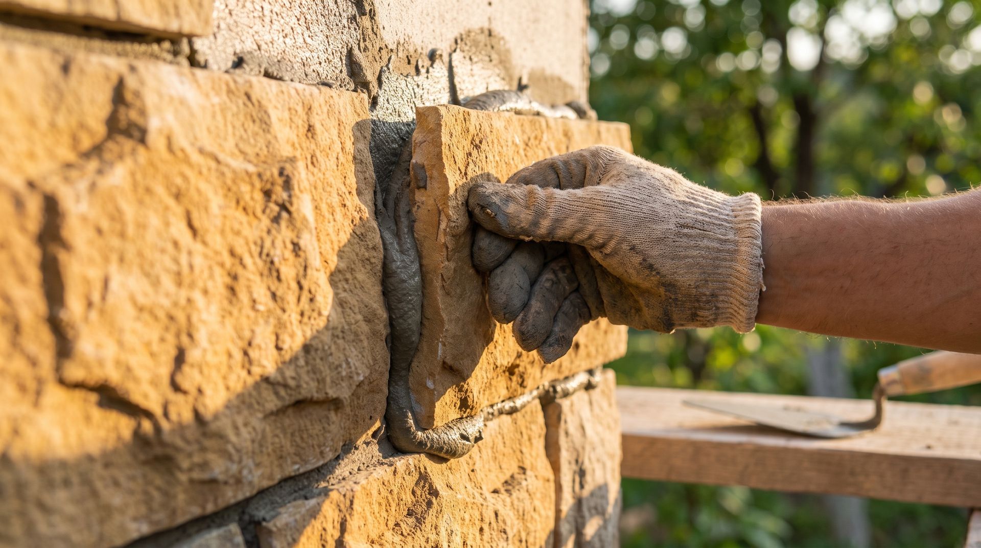 Retaining wall installer building a tiered block wall on a yard