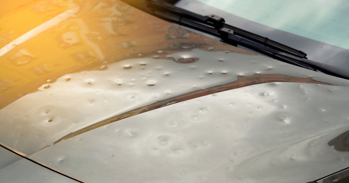 The hood of a gray car with multiple dents in varying sizes caused by hail. The sun is reflecting off the paint.