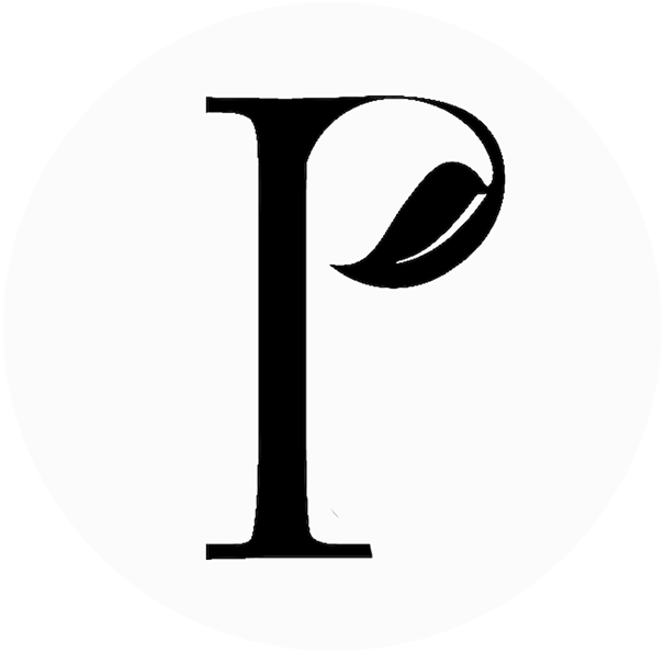 A black and white letter p with a leaf on it.