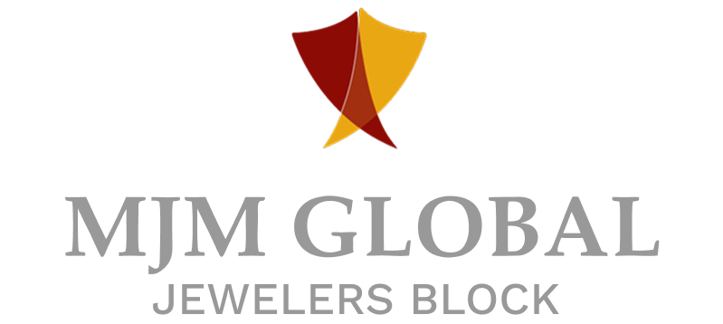 MJM Global Jewelers Block logo with red and gold abstract gem icon