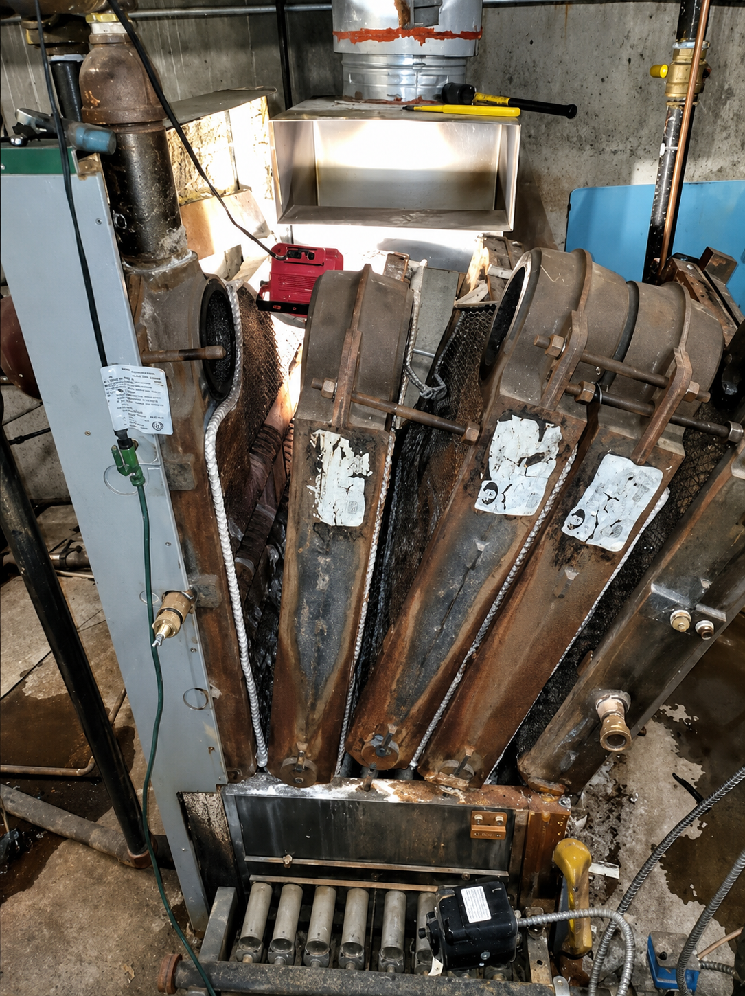 Large industrial fan or blower with metal blades and pipes in a worn mechanical room