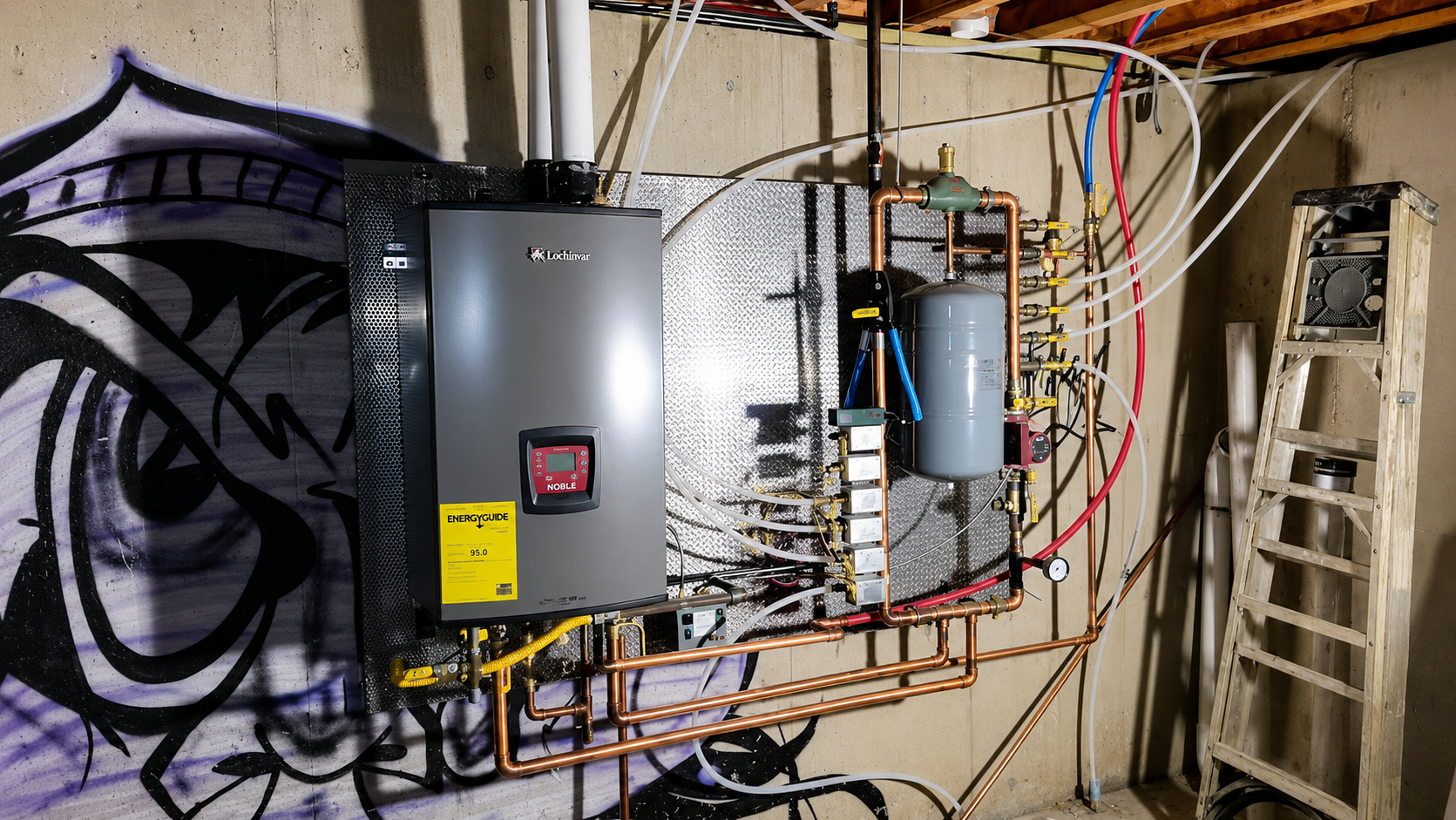 Utility room with electrical panels, wiring, and exposed pipes along a wall.