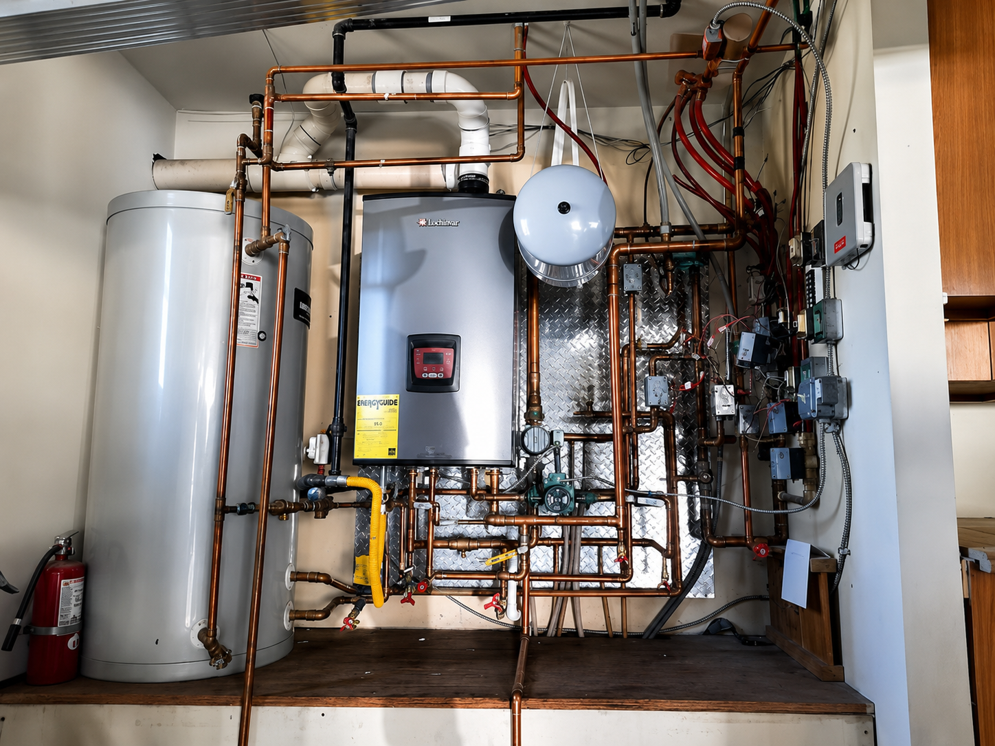 Utility room with water heater, boiler, and copper pipes mounted on the wall