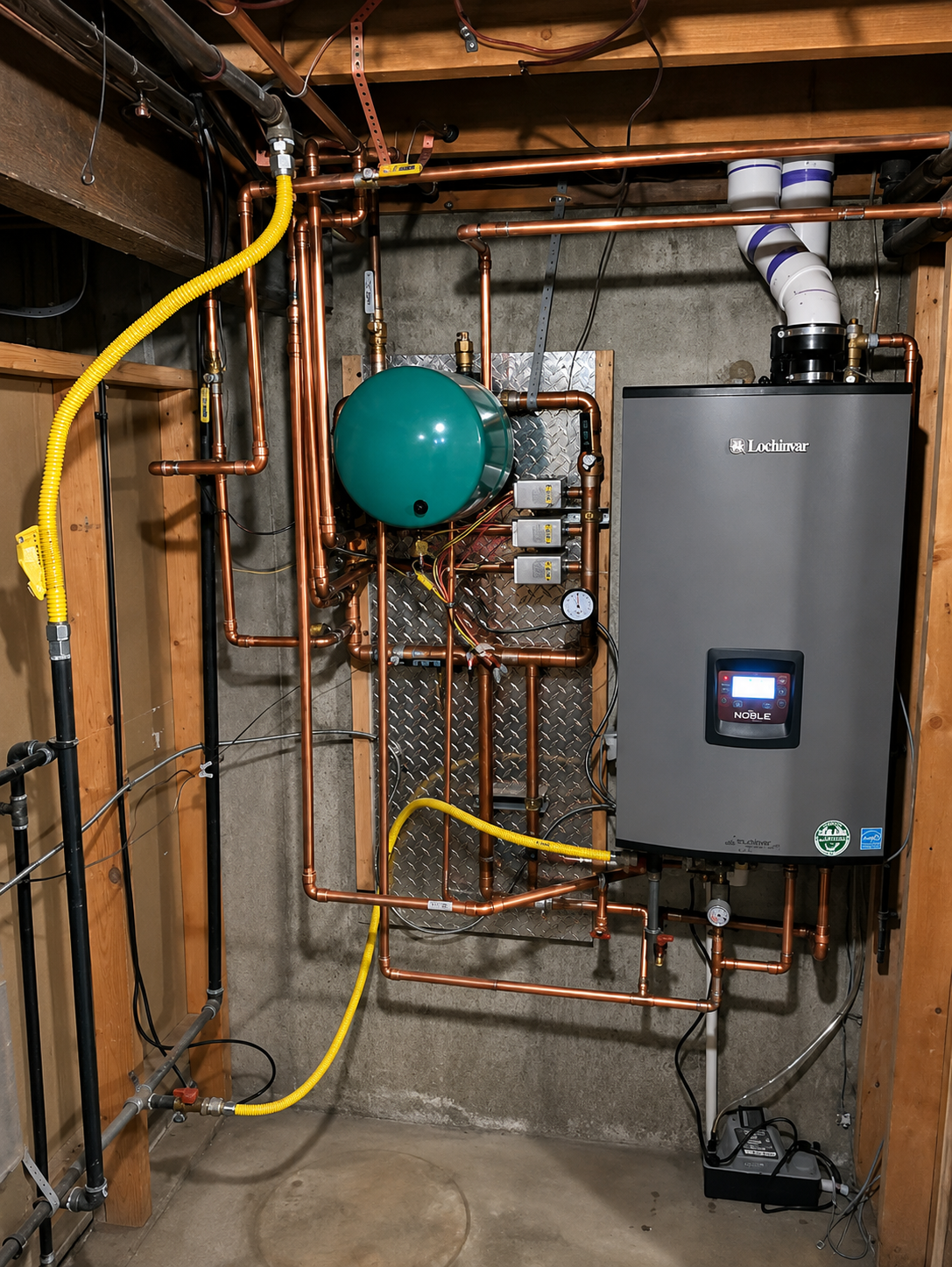 Basement utility wall with copper pipes, a green expansion tank, and a gray water heater with digital display.