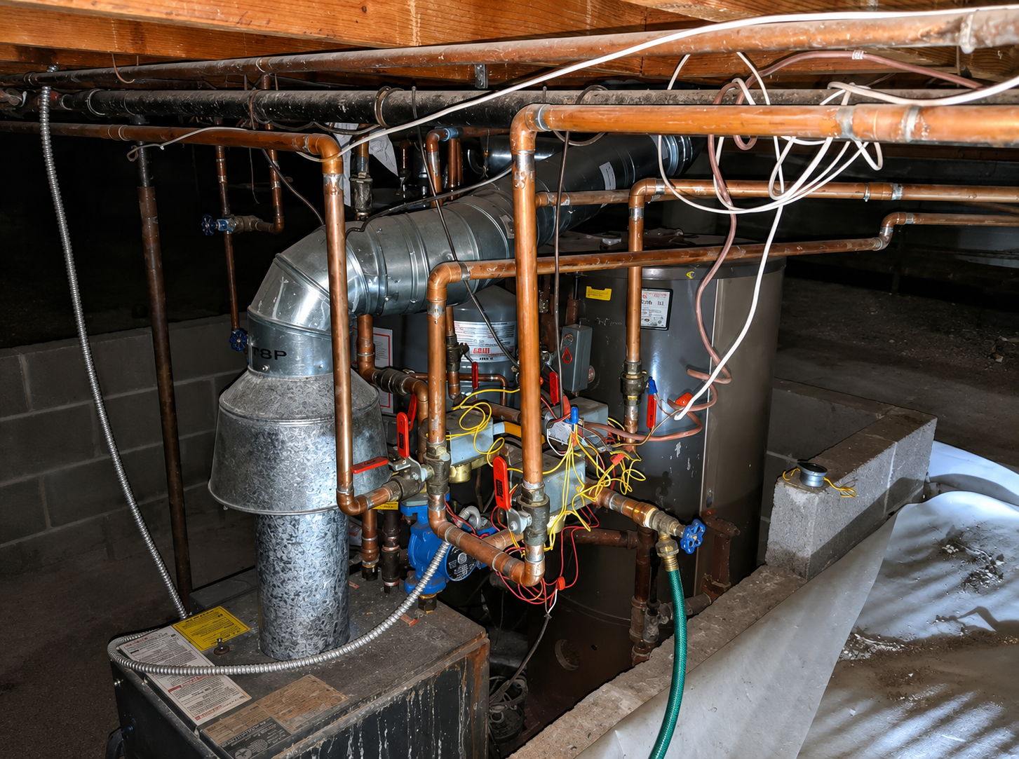 Attic HVAC and plumbing setup with exposed pipes, ducts, wires, and a water heater unit