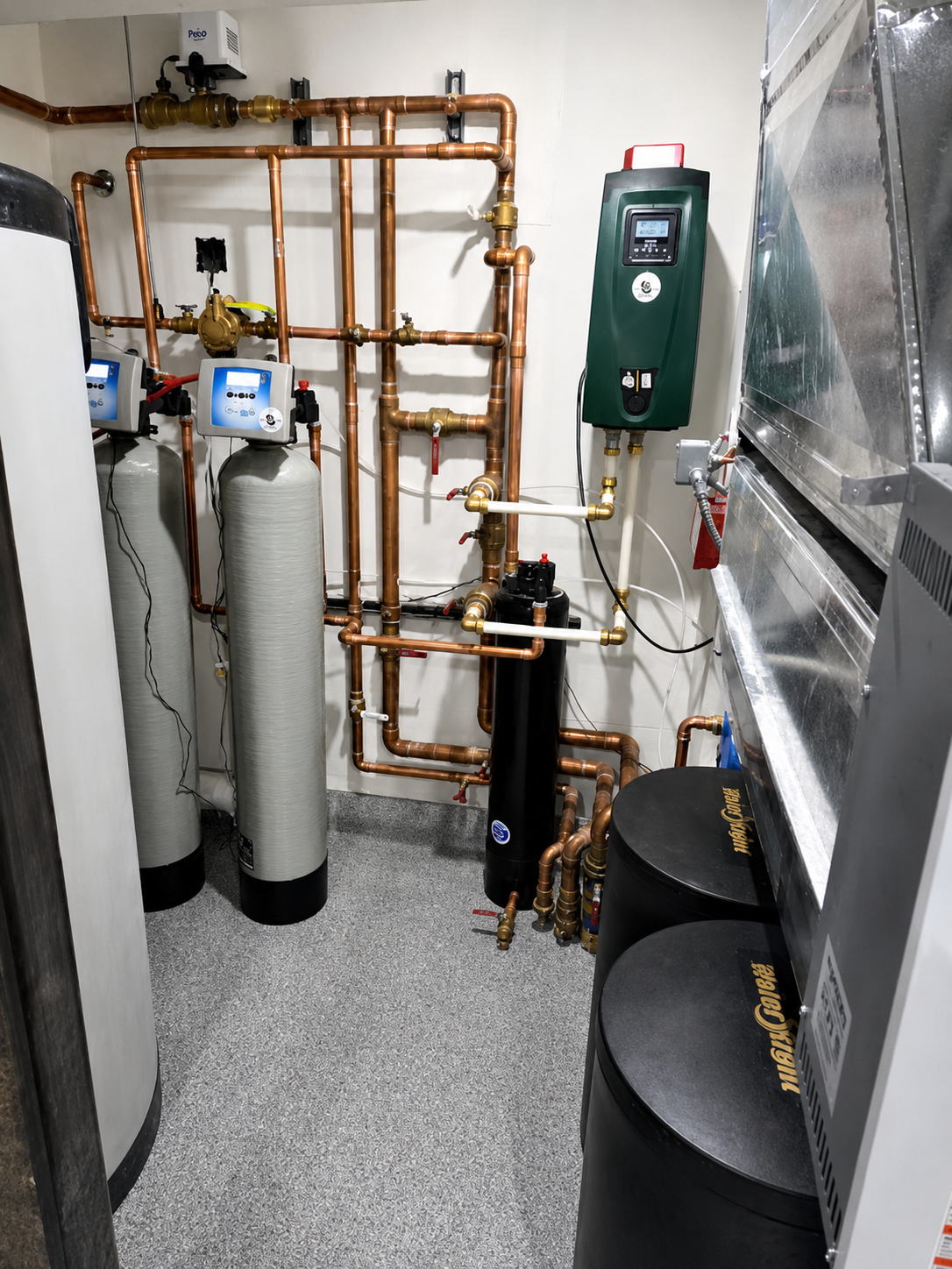 Basement mechanical room with boilers, copper piping, water treatment tanks, and a green pump control panel