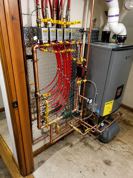 Boiler room with copper pipes, red tubing, and gray furnace equipment on a concrete floor.