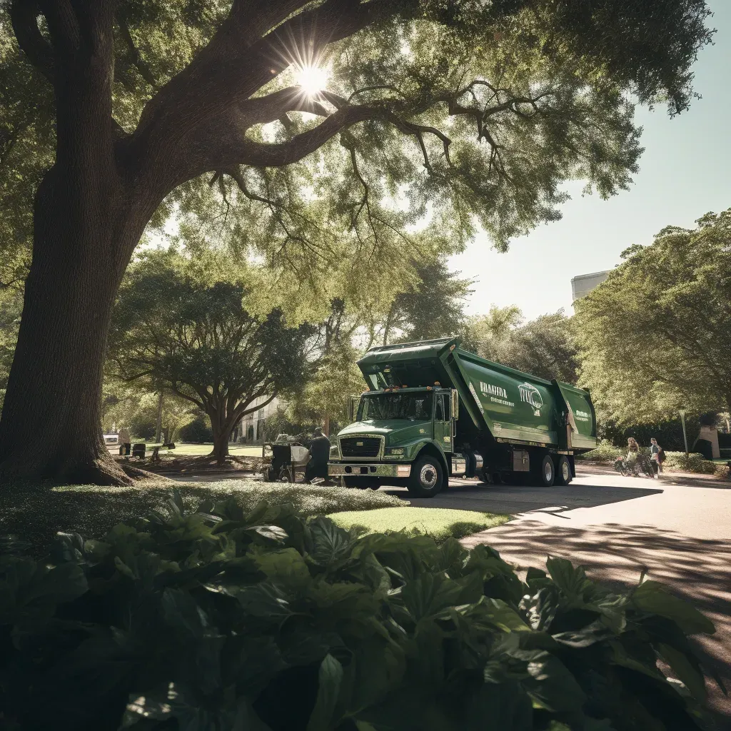 A large Green dumptruck parked in front of a park.