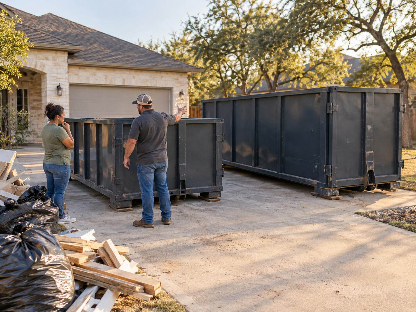 photographic alt of a homeowner and small contractor comparing an 8-yard roll-off beside a larger empty dumpster on a paved Floresville residential lot with bagged debris