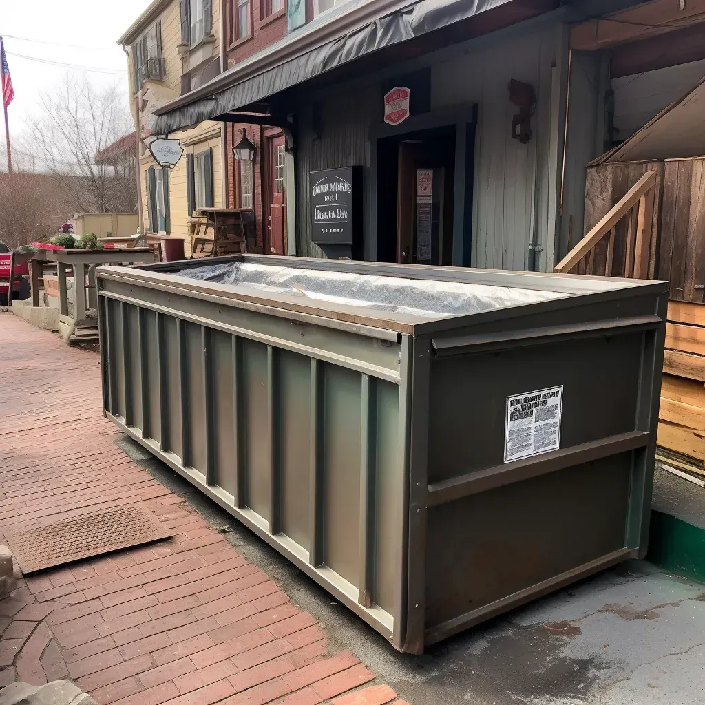 A silver 8 Yard Dumpster located in the back of a building.