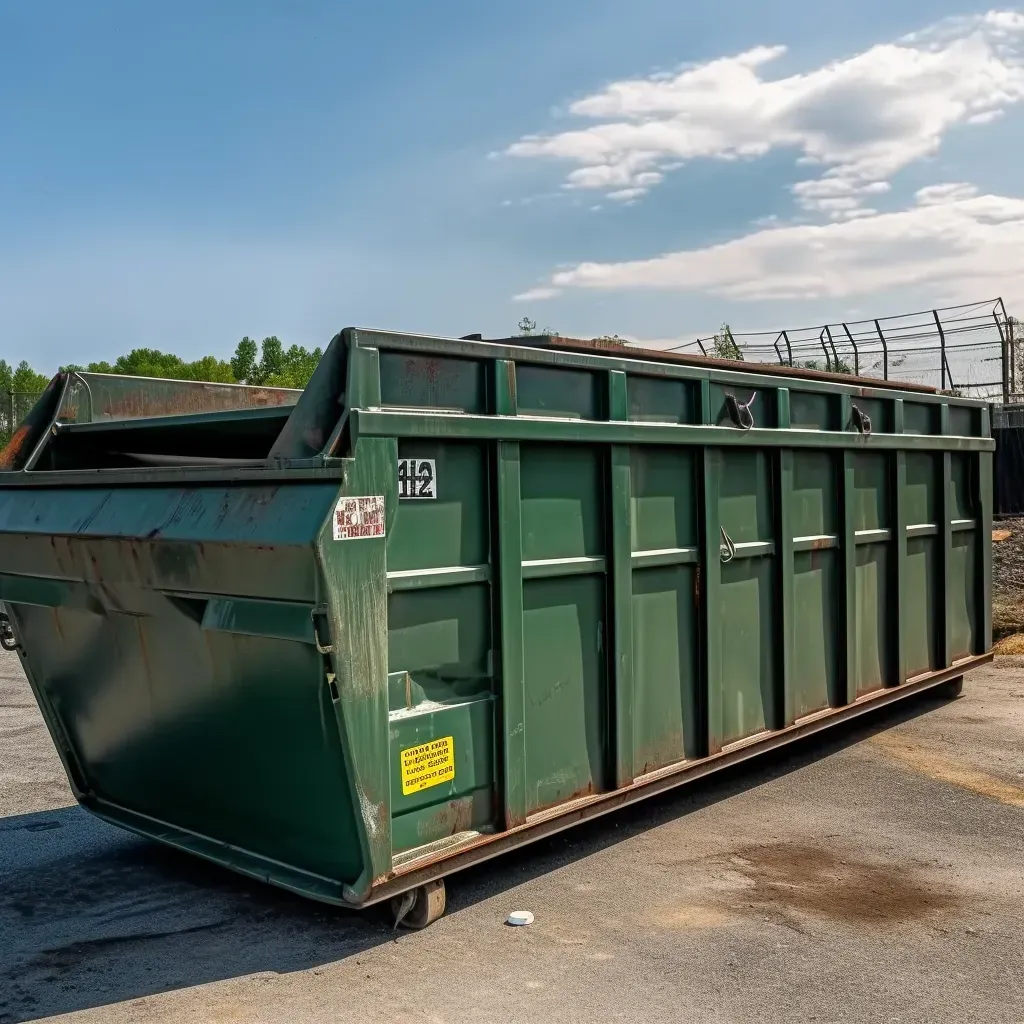 A green roll-off dumpster located in the back of a house.