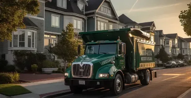 Residential Trash Pick-Up A green garbage truck is parked on the side of the road in front of a row of houses.