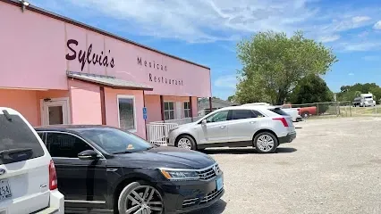 A row of cars are parked in front of a pink building.