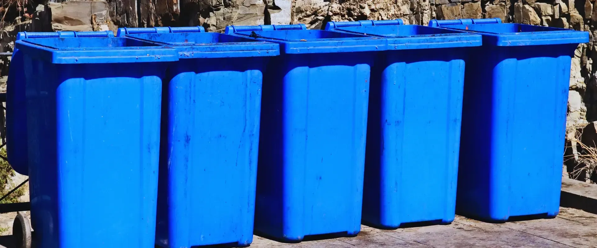 A row of blue trash cans are lined up in a row.