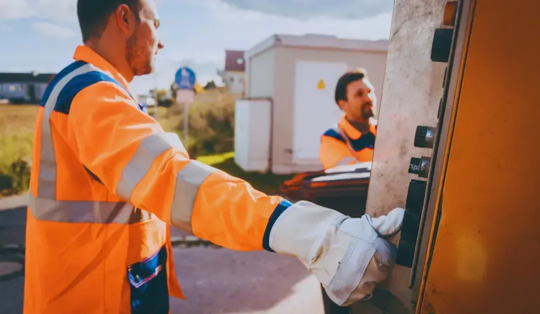 A man in an orange safety vest is standing next to a truck.
